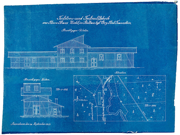 Planung zur  Nicklschen Torfstreu/Torfmullfabrik in Rottau/Ortsteil Filzen /1917 (Bereich der heutigen Anstaltshäuser)