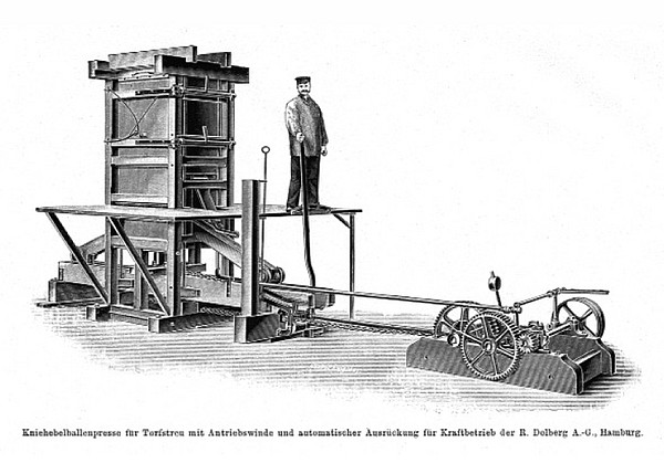 Kniehebelpresse zur Herstellung von Torfballen (um 1910)