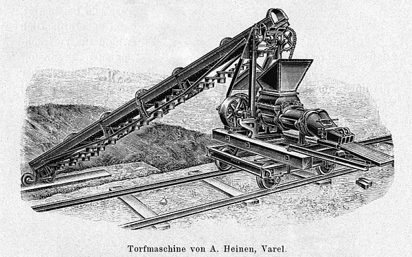 Torfbagger mit sog. Torfmaschine zur Herstellung von sog. Preßtorf/Maschinentorf