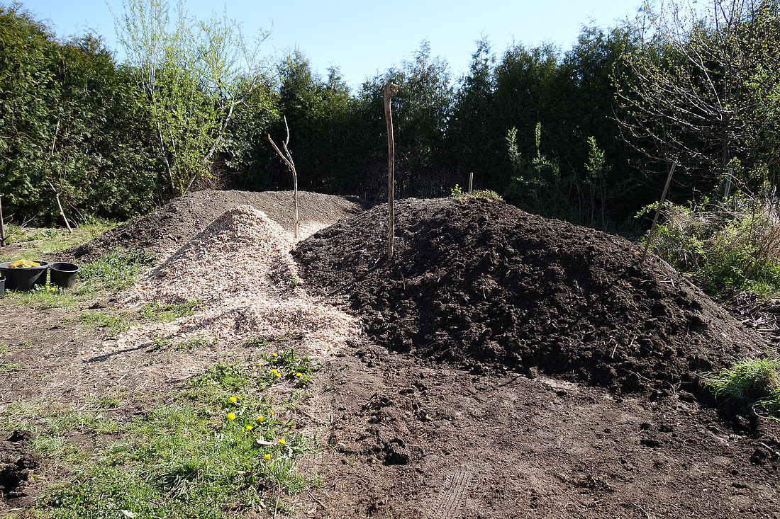 Reifer Kompost aus den üblichen Bestandteilen wie Gartenabfällen, Grünschnitt, Häckselgut.