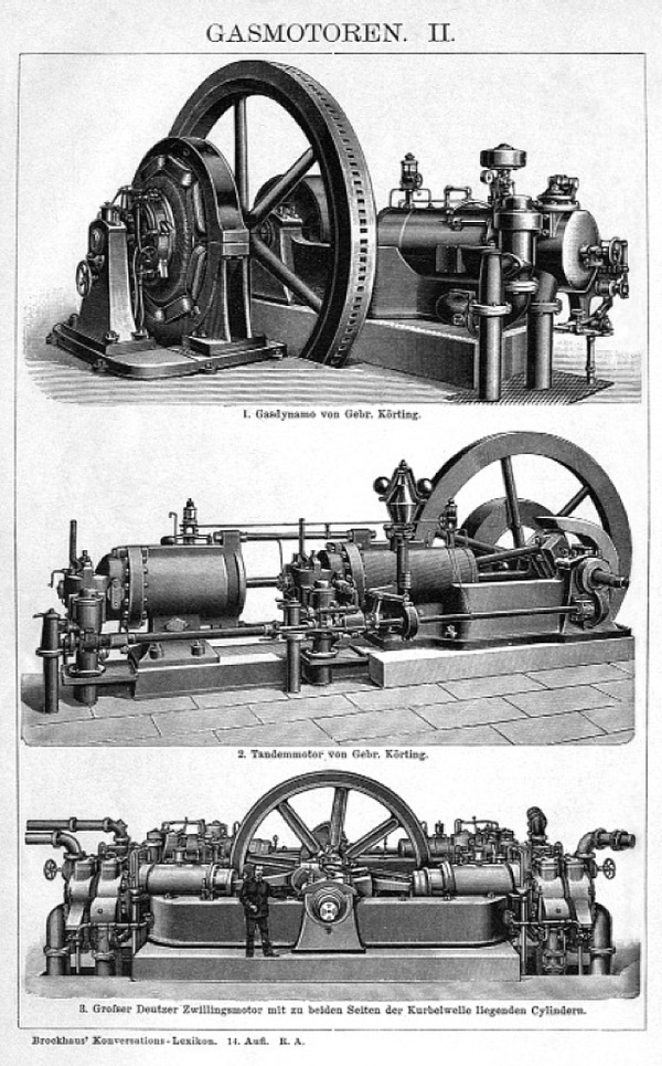 diverse Gasmotoren um 1905, u.a. zur Stromerzeugung (obere Abb.) 