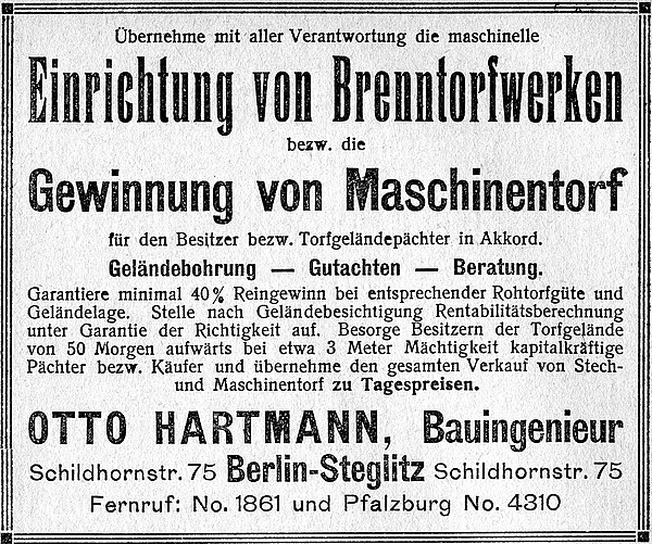 Zeitgenössische Werbung für Brenntorfanlagen aus dem Jahre 1919
