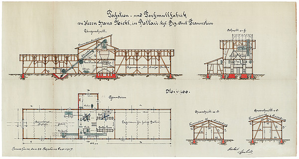 Entwurf der Torfstreu/Torfmullfabrik von Hans Nickl in der Kendlmühlfilzen / 1917