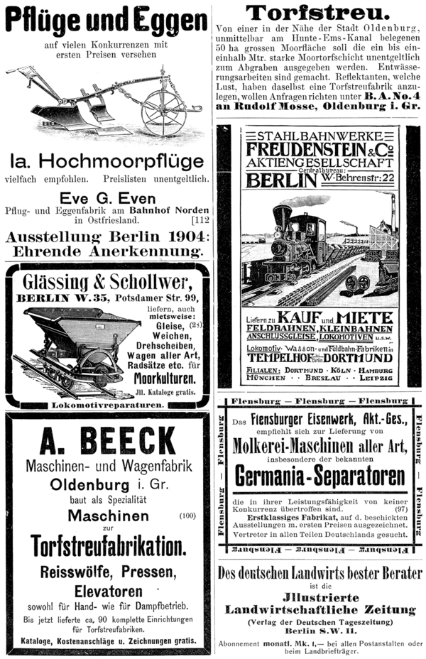 Annoncenwerbung für Torfstreu und Moorkultur (um 1910).