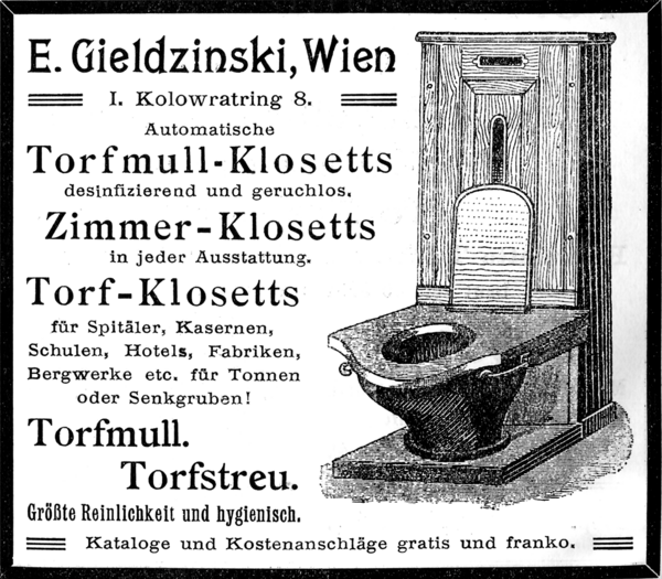 Werbung für torfbasierte Trockentoiletten (um 1910).