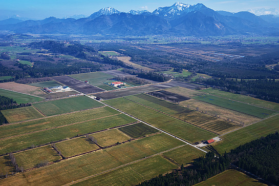 Die kultivierten ehemaligen Moorflächen nördlich der Bahnstrecke (einfachster Zugang aus Richtung Übersee).